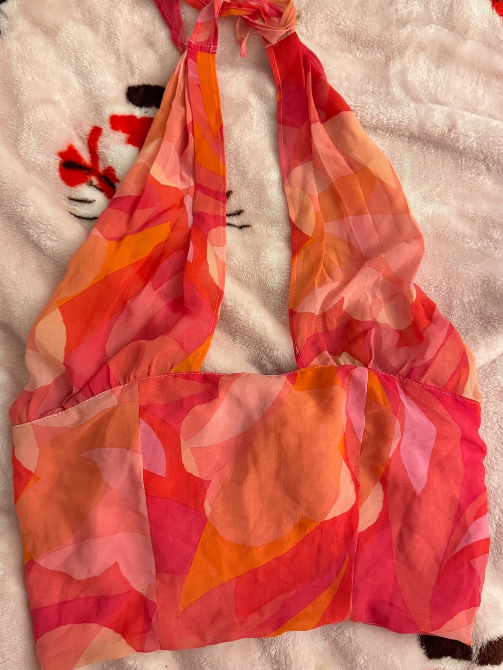 Women's Halter Crop Top in Pink & Orange Abstract Print